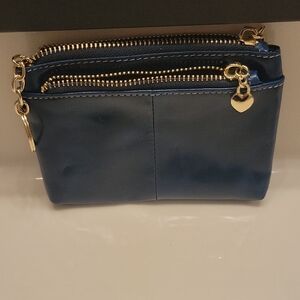 Brighton Triple Zip Chic Navy Leather Mini Clutch/Wristlet with Gold Accents